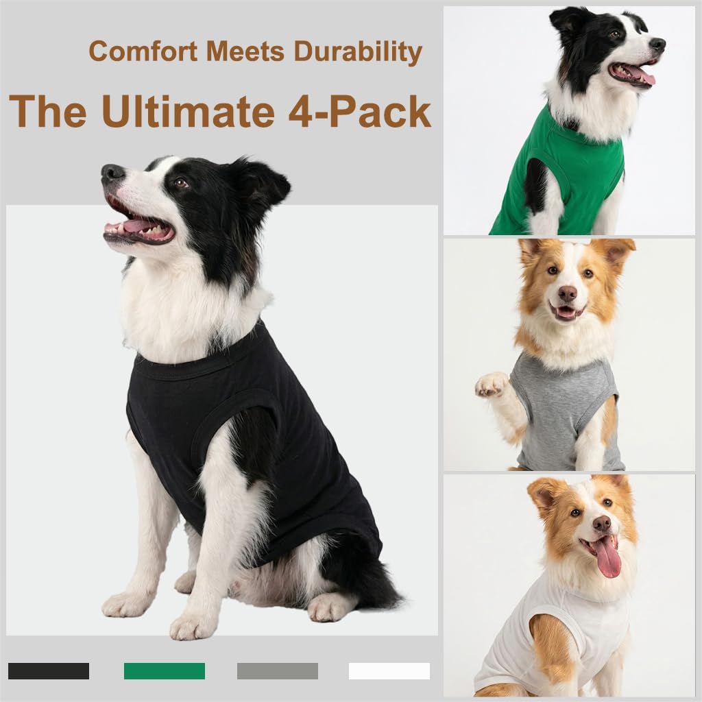 Chol&Vivi Dog Clothes Shirts, 4pcs Shirt for Large Size Dog, Blank Pet Cotton Sleeveless Apparel Soft and Lightweight, Tank Top for All Breeds, Black/Grey/White/Dark Green, XX-Large