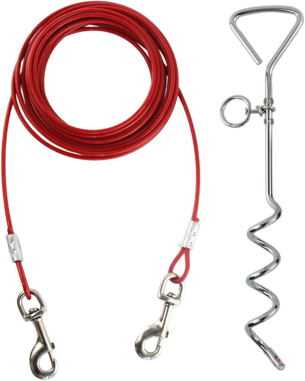 30ft Dog Tie Out Cable for Dogs, 16" Chrome Plated Anti Rust Stake, Great for Camping or The Garden, Suitable for Harness, Leash & Chain Attachments - Red
