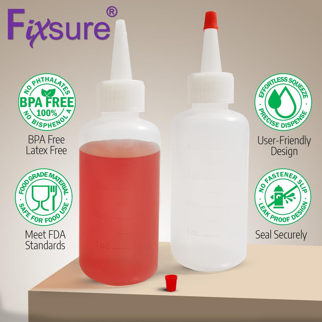 FIXSURE Plastic Squeeze Bottles with Red Tip Cap, 4 Oz Squirt Bottle For Ketchup, BBQ, Sauces, Syrup, Condiments, Oil, Pancake, Cookie Decorating, Dressings, Travel, Camping, Lab, Arts and Crafts (2)