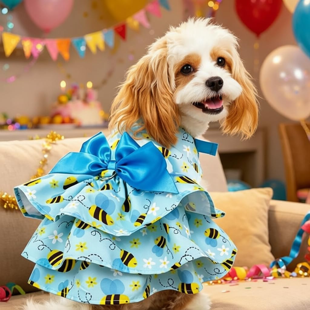 PUPTECK Summer Dog Dress with Bow and Leash Ring, Blue Yellow Bee M