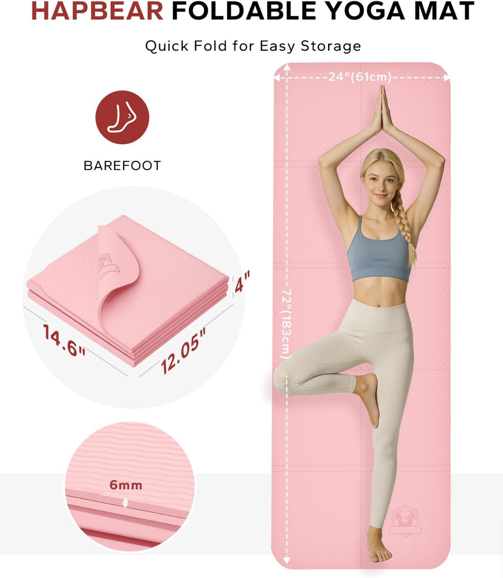HAPBEAR Foldable Yoga Mat - 72"x24"x0.24" (6mm), Non-Slip TPE Exercise Mat for Home Workout, Yoga, Pilates,Stretching, & Travel, Durable & Eco-Friendly, Includes Carry Bag