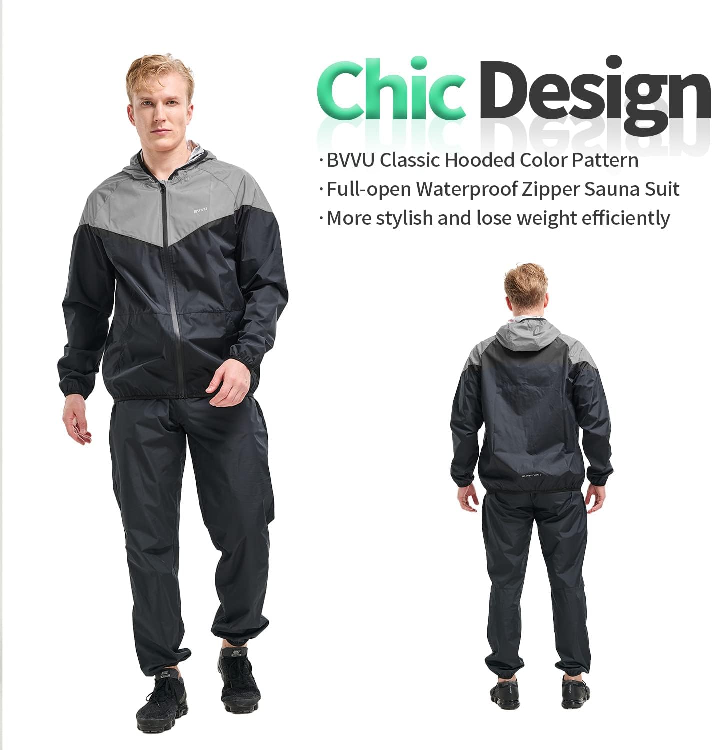 BVVU Sauna Suit for Men Zipper Sweat Suits with Hood Sauna Jacket Pants Gym Workout Full Body