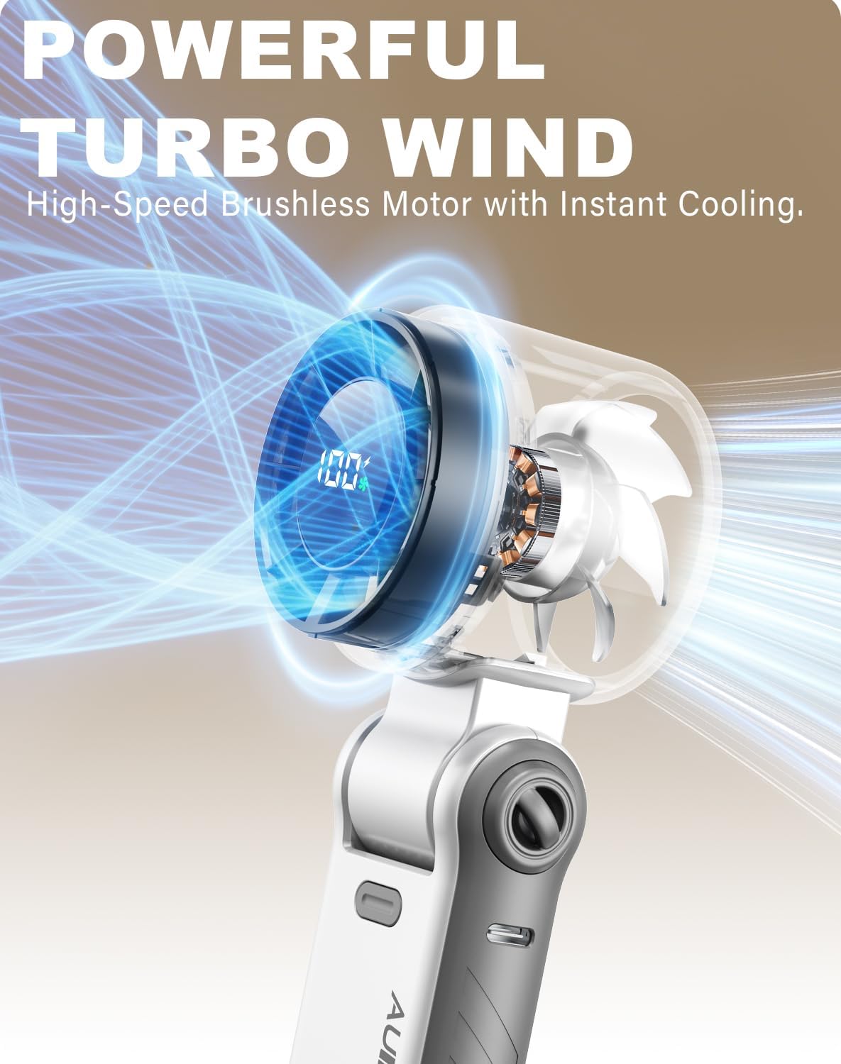 Portable Handheld Turbo Fan - 5 Speed Mini Personal Fan with Strong Airflow, Foldable 3 in 1 Rechargeable Battery Operated Trave Essentials Hand Fans for Indoor/Outdoor Use, White