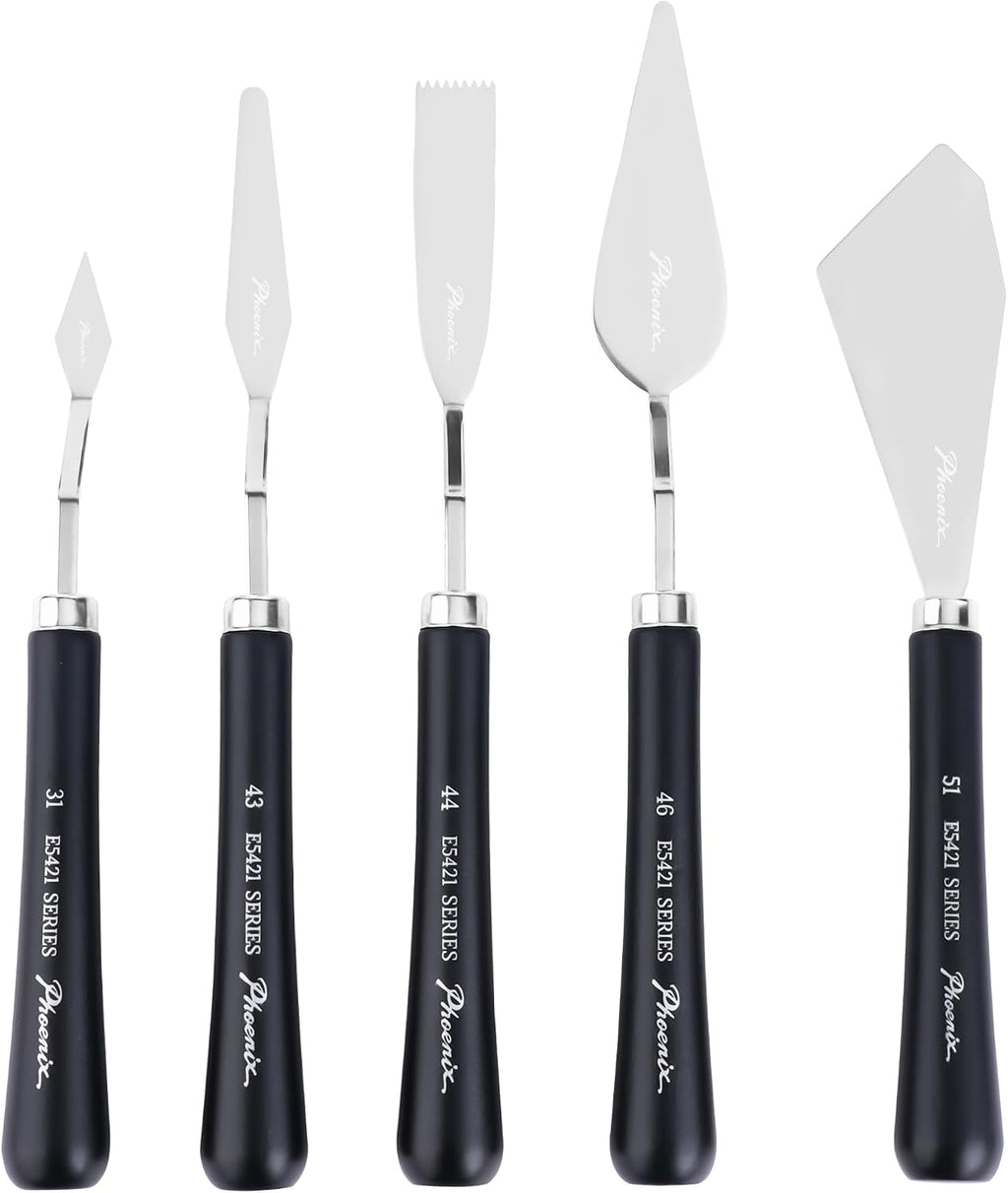 PHOENIX Flexible Palette Knife Set - 5 Pieces Stainless Steel Painting Knives, Art Knife with Wood Handle, Paint Spatula for Oil Acrylic Paint - Painting Tools for Artists