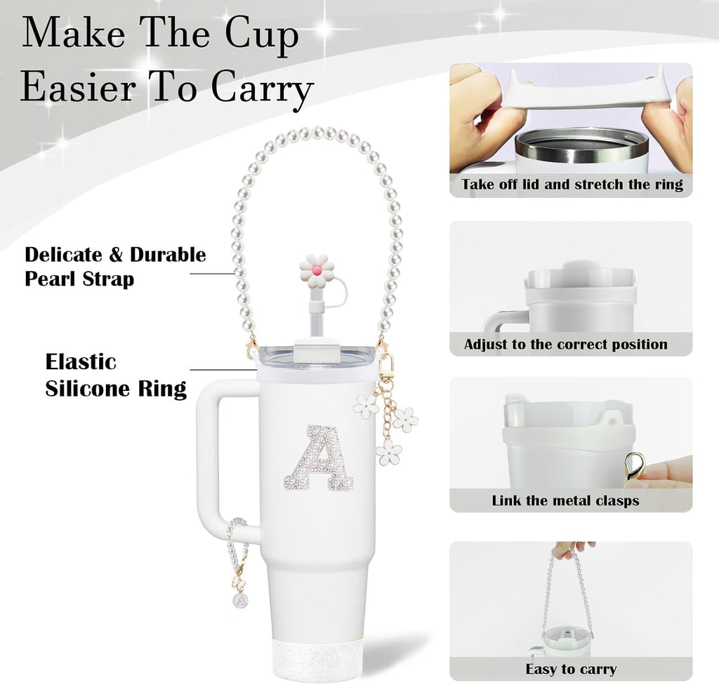 Stanley Cup Accessories Set - Including Water Bottle Carrying Pearl Strap, Handle Letter Charms Sticker, Silicone Cups Boot Straw Cover for 40oz & 30oz Tumbler