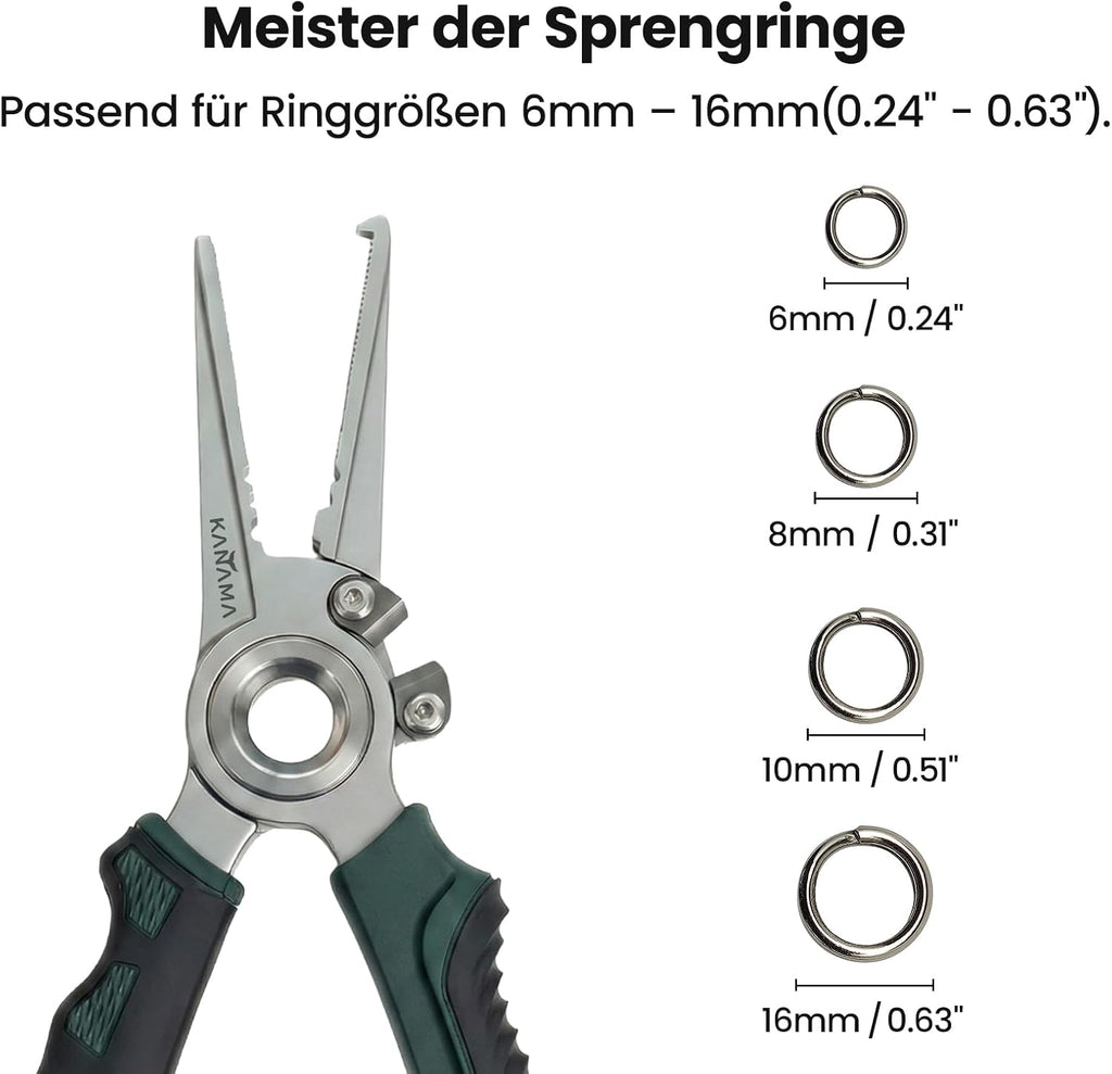 KANAMA 17-4 Stainless Steel Fishing Pliers, 7.5 Inch Rust Saltwater Fishing Pliers with Split Ring, Fish Hook Remover with Tungsten Carbide Braid Cutters, Non-Slip Handles Fishing Gifts for Men