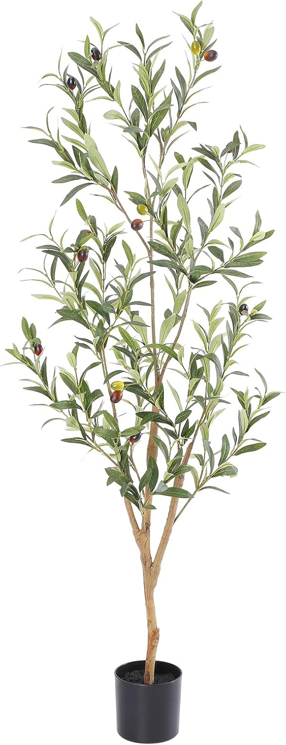 Bellacat Faux Olive Tree 7ft，Olive Trees Artificial Indoor with Natural Wood Trunk and Realistic Leaves and Fruits. 7 Feet(84in) Fake Olive Tree for Home House Office Décor.