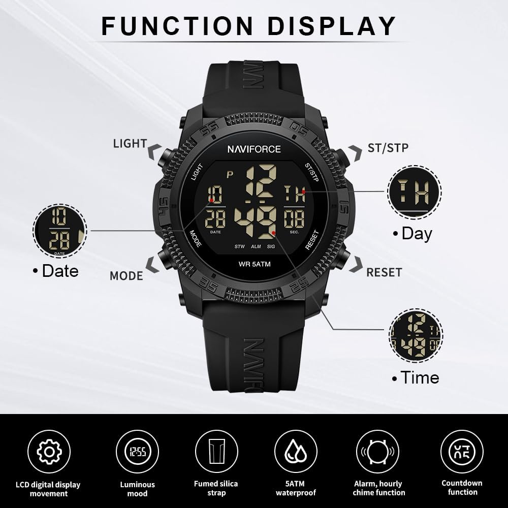 NAVIFORCE Men Sports Waterproof Digital Watches with Stopwatch Alarm Rubber Strap Wristwatch for Women，Gift