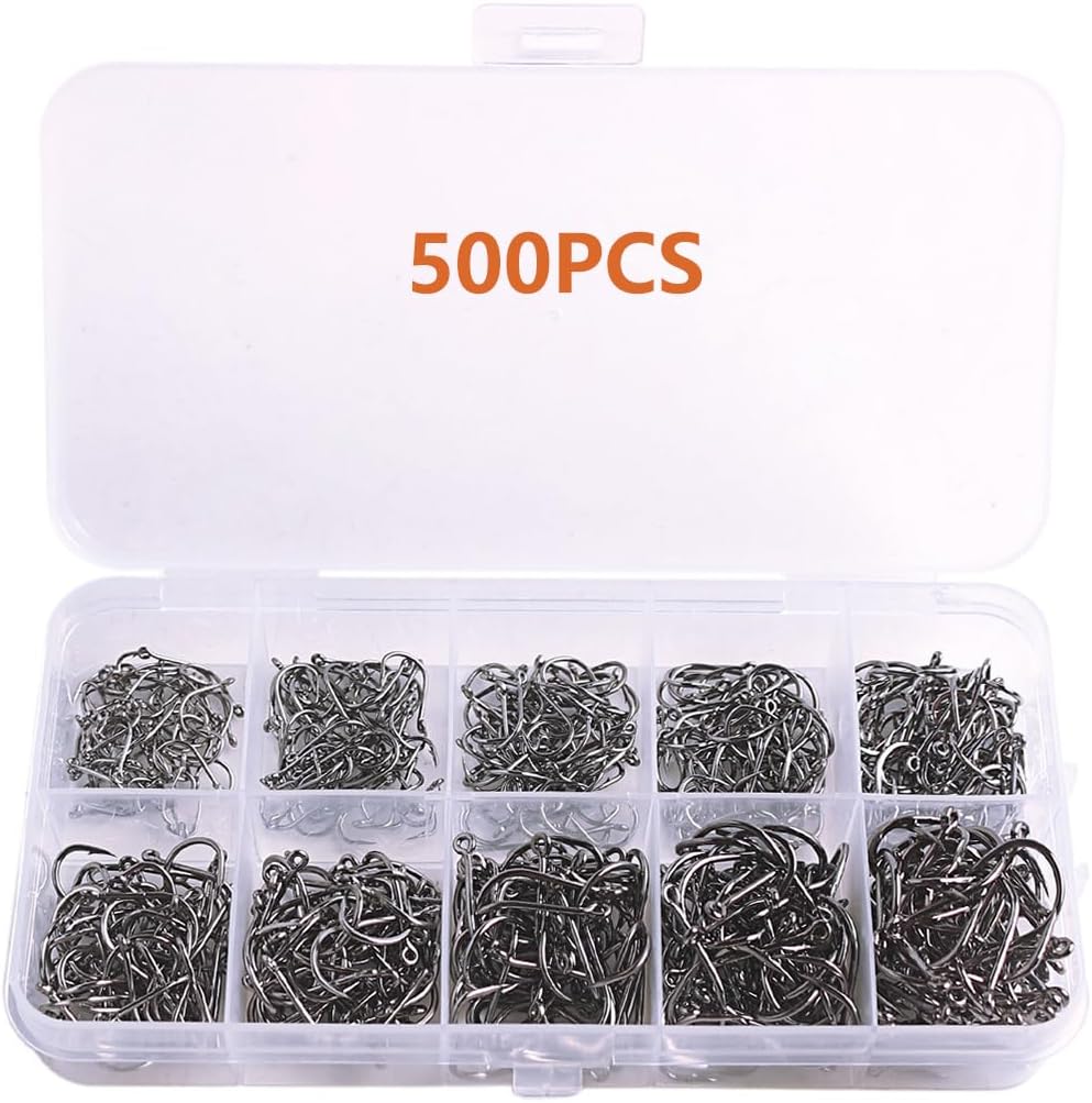 AMHDV 300Pcs/ 500Pcs/ 1000Pcs Small Fishing Hooks, 10 Different Sizes Tiny Fish Hook Set for Freshwater