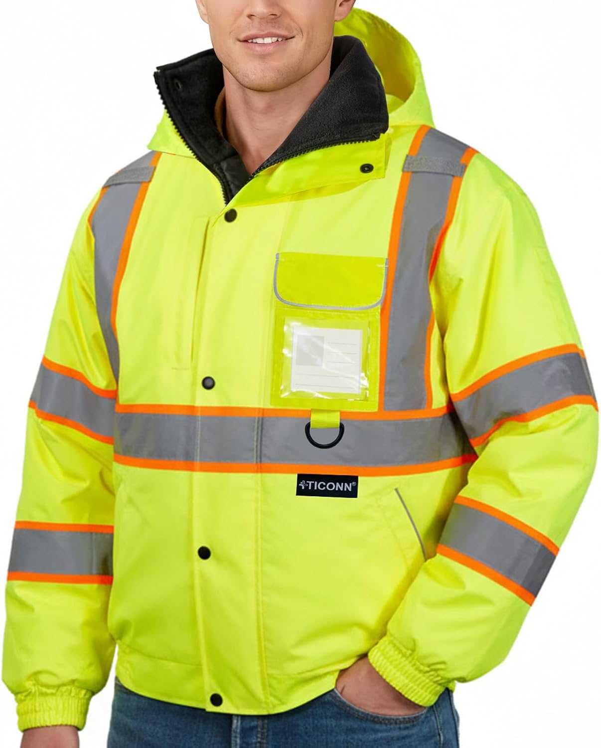 TICONN Hi Vis Safety Bomber Jacket, Fleece-Lined Waterproof ANSI Class 3