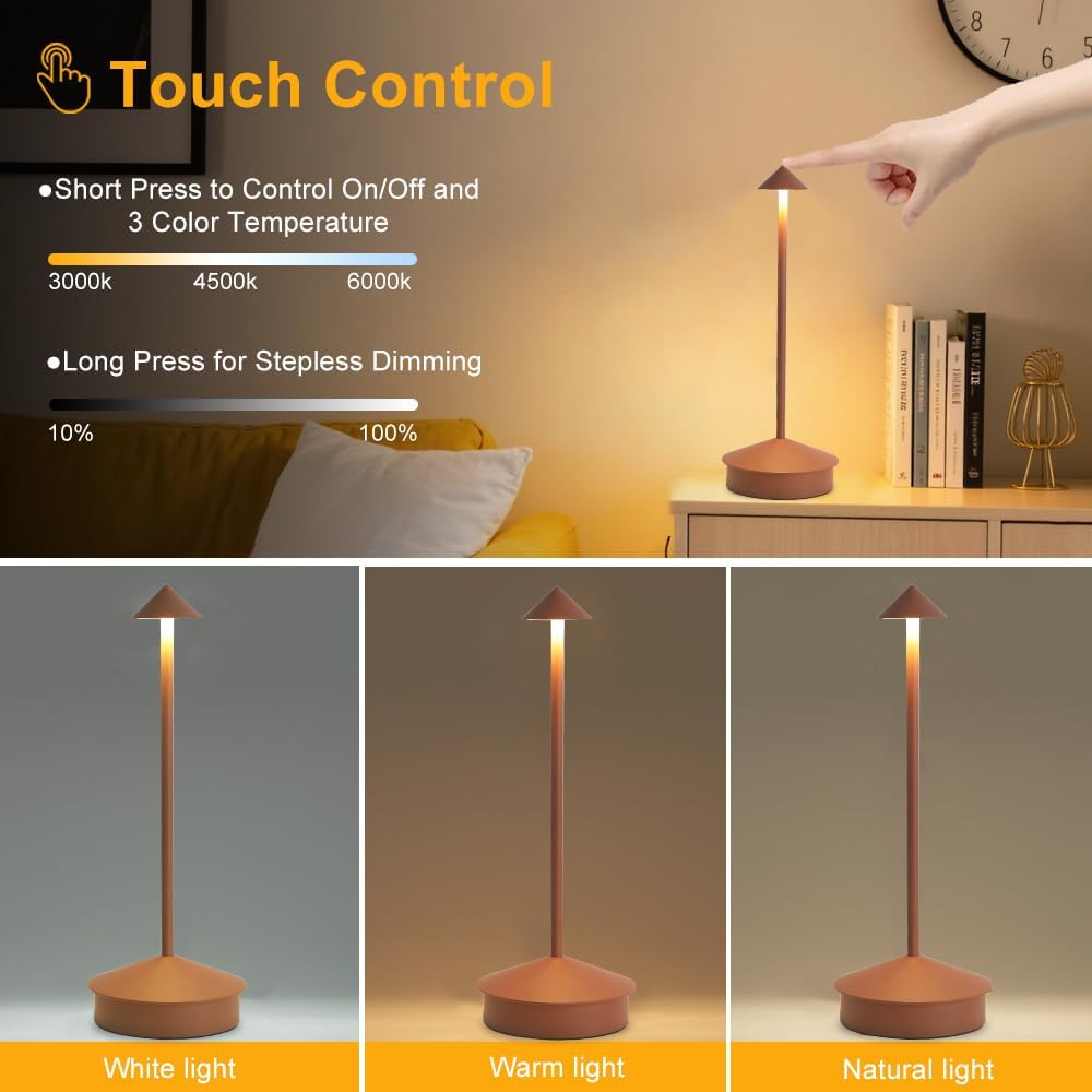 2 Pack Aluminum Cordless Table Lamp, 6000mAh Rechargeable Table Lamps, Portable Touch LED Lamp, Outdoor Waterproof Dimmable Cordless Rechargeable Table Lamps for Restaurant/Patio-(Brown)