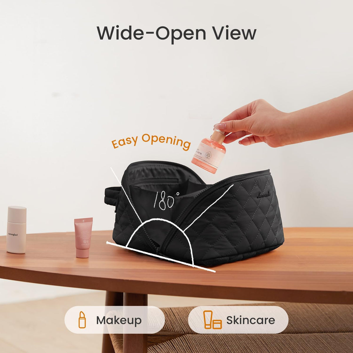 LOVEVOOK Travel Makeup Bag for Women, 2Pcs Puffer Waterproof Cosmetic Organizer, Large Capacity Pouch Open Flat Small Toiletry Bag with Brush Compartment & Handle (Black, Medium)