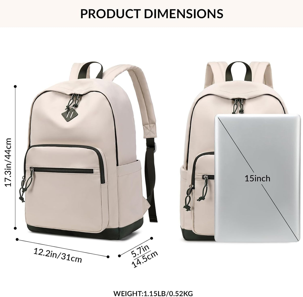 Lohol Classic Backpack for Girls Boys Teens, Lightweight Bookbag for School Travel College (Beige/Green)
