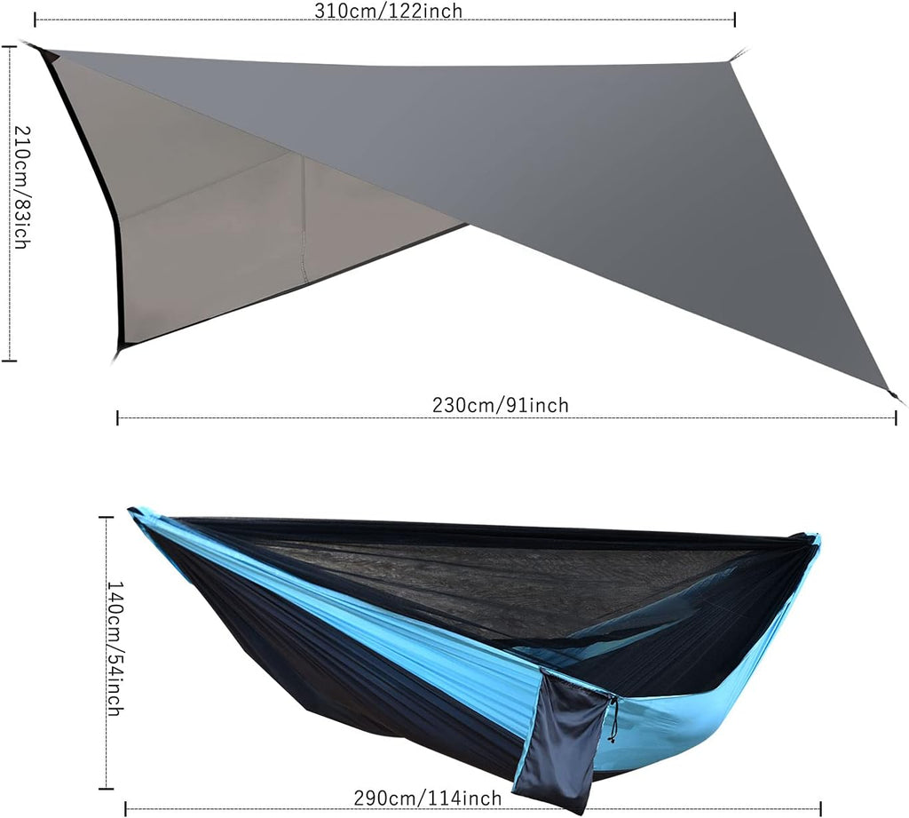 Camping Hammock with Mosquito Net Rain Fly Heavy Duty Tree Strap Nylon Parachute Single Double Hammock Tent Waterproof Rainfly Set for Camping Backpacking Backyard Patio Hiking Travel Outdoor