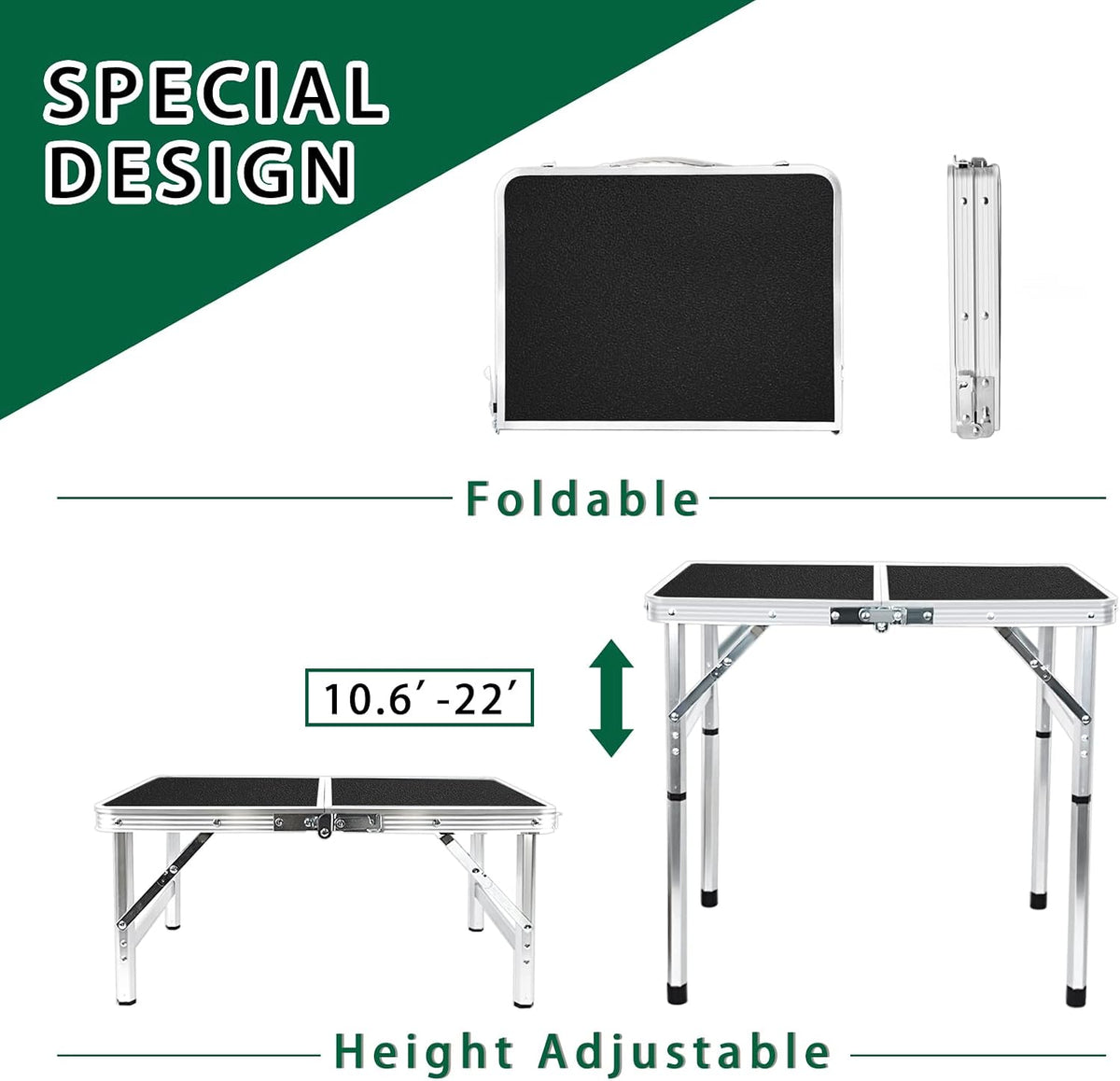 Camp Field Aluminum Folding Small Table, Adjustable Height Lightweight Portable Camping Table for Picnic Beach Outdoor Indoor (Small) (BlackB)