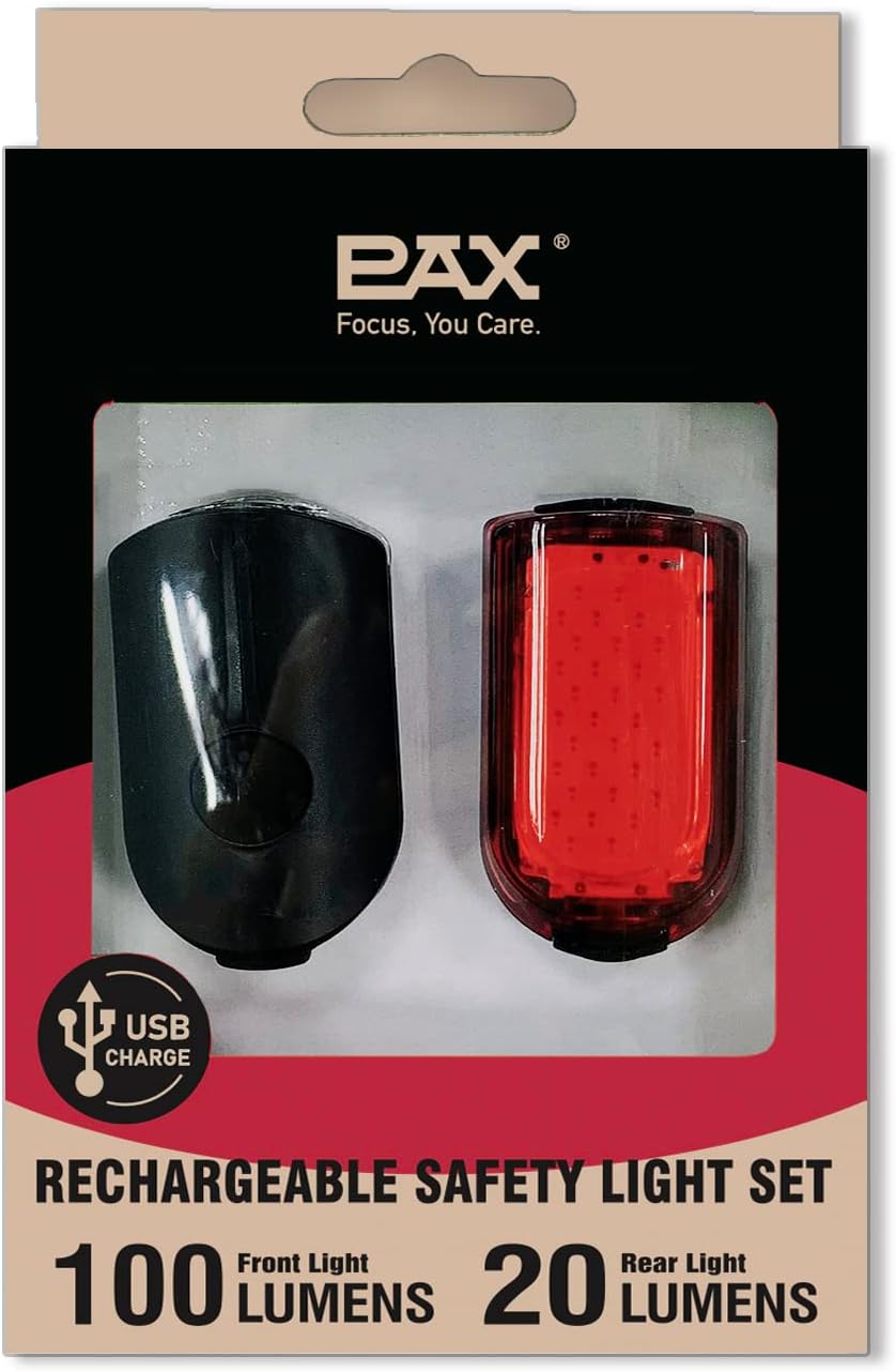 PAX Rechargeable USB Safety Bike Light Set, Bicycle Front Light and Rear, IPX4 Waterproof Standard, Multi Light Mode, Lightweight for Mountain or Road Bike