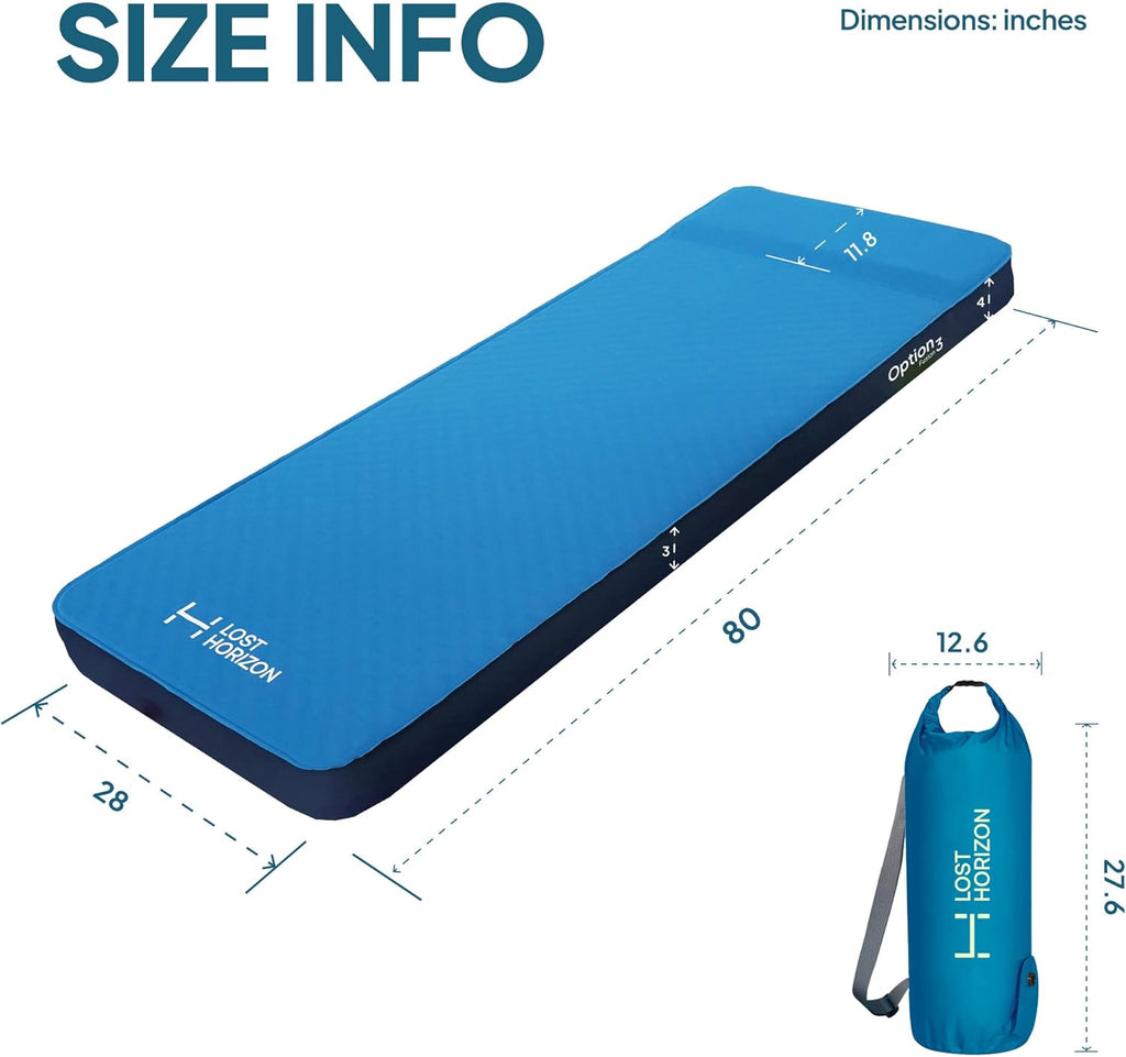 Lost Horizon Self-Inflating Foam Camping Mattress, Single, 3" Thick