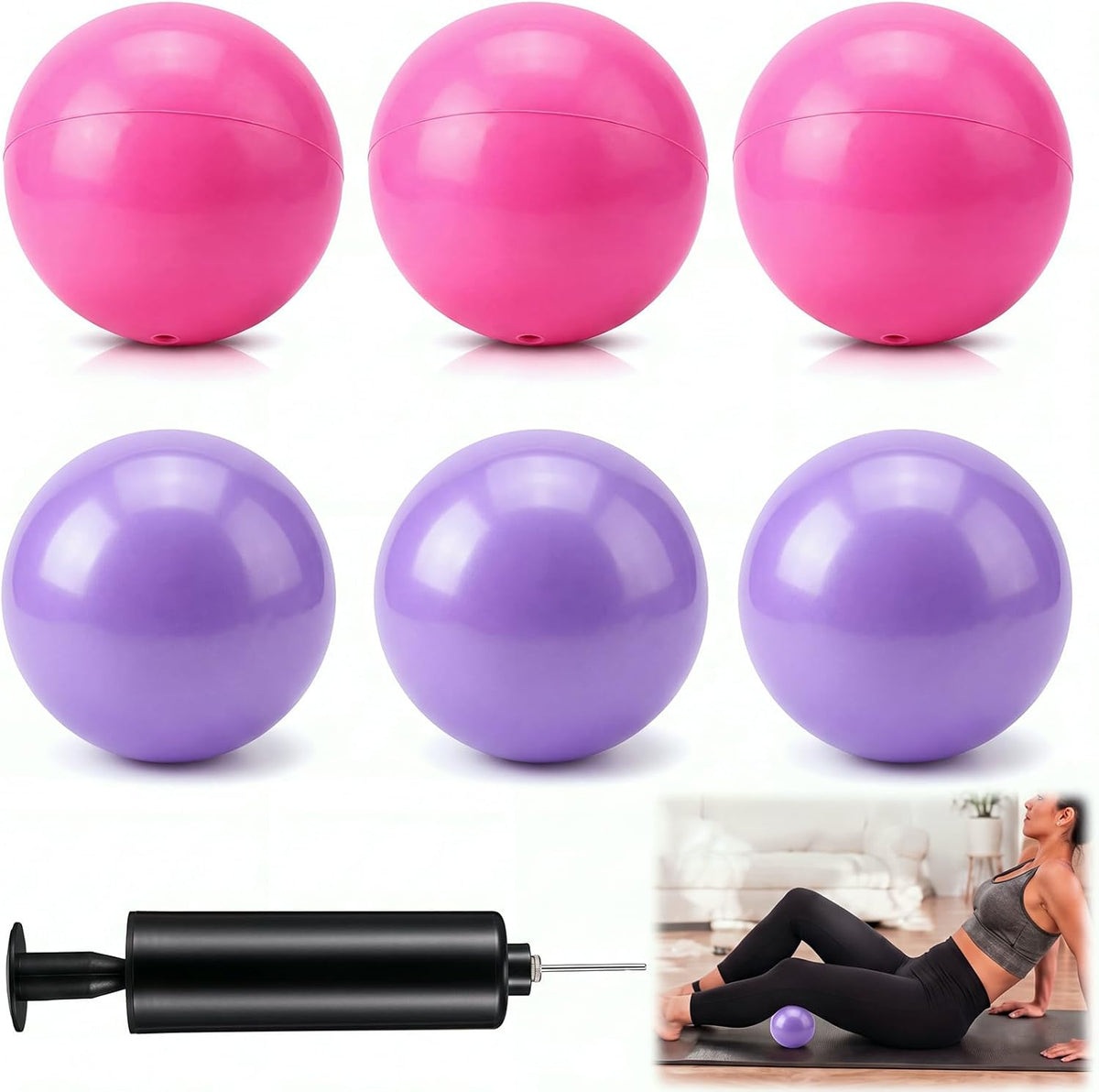 Seenelling 6 Pack Massage Exercise Balls for Myofascial Release, Inflatable Pilates Yoga Ball Set with Pump for Core Training, Fitness, Stretching, Classroom Activities