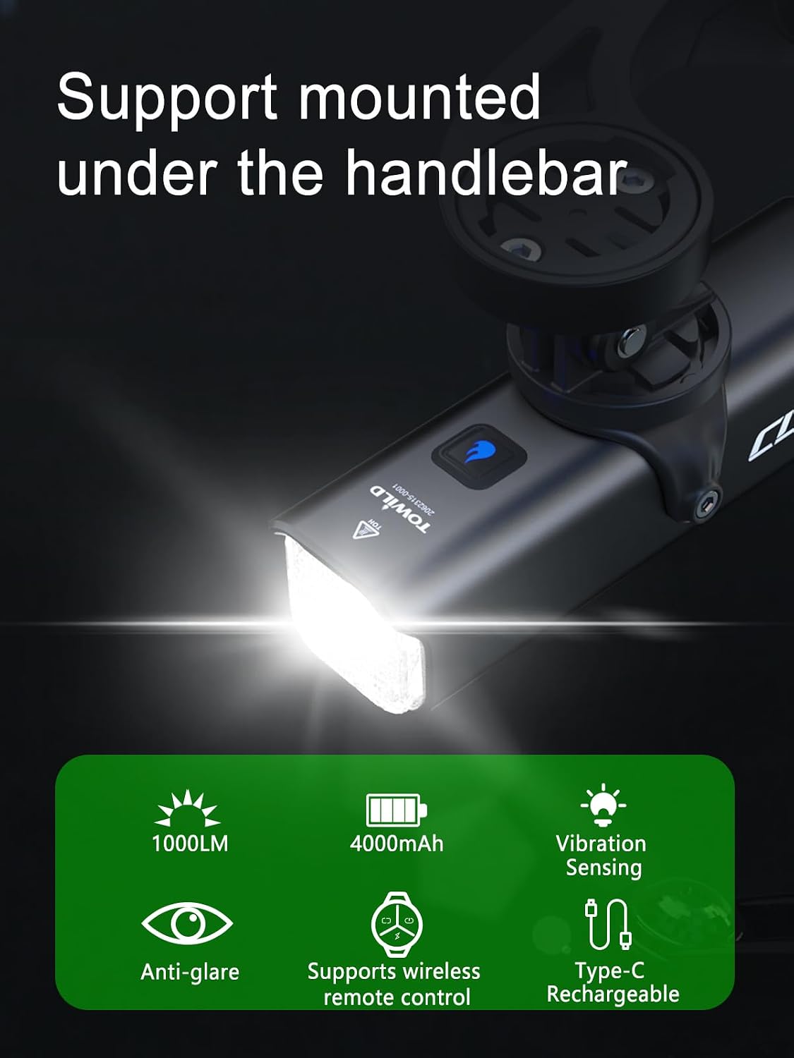 TOWILD Bike Lights for Night Riding,Compatible with Garmin/GoPro Mount,Rechargeable Battery,Waterproof Bike Front Light for Commuter Cyclists-Fits All Bikes