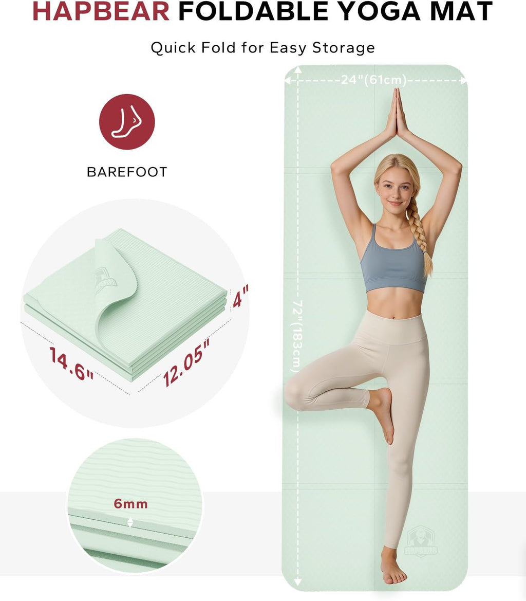 HAPBEAR Foldable Yoga Mat - 72"x24"x0.24" (6mm), Non-Slip TPE Exercise Mat for Home Workout, Yoga, Pilates,Stretching, & Travel, Durable & Eco-Friendly, Includes Carry Bag