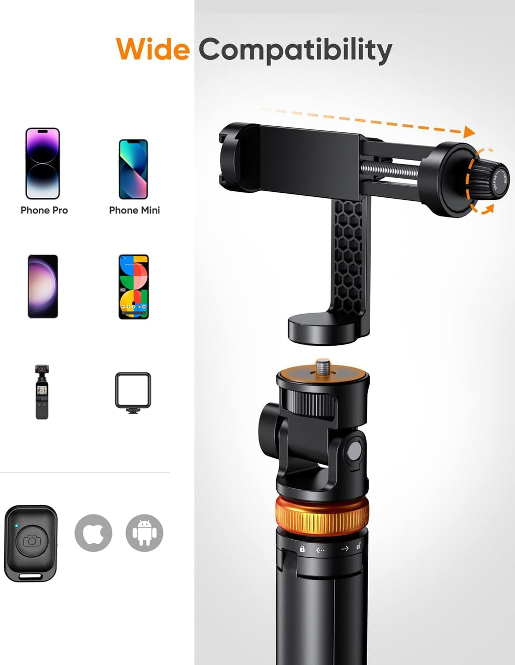 EUCOS 62" Two Sets Phone Tripod, Selfie Stick Tripod with Remote & Lightweight Design, Compatible with Action Camera & Smartphones (2.2" to 3.6")