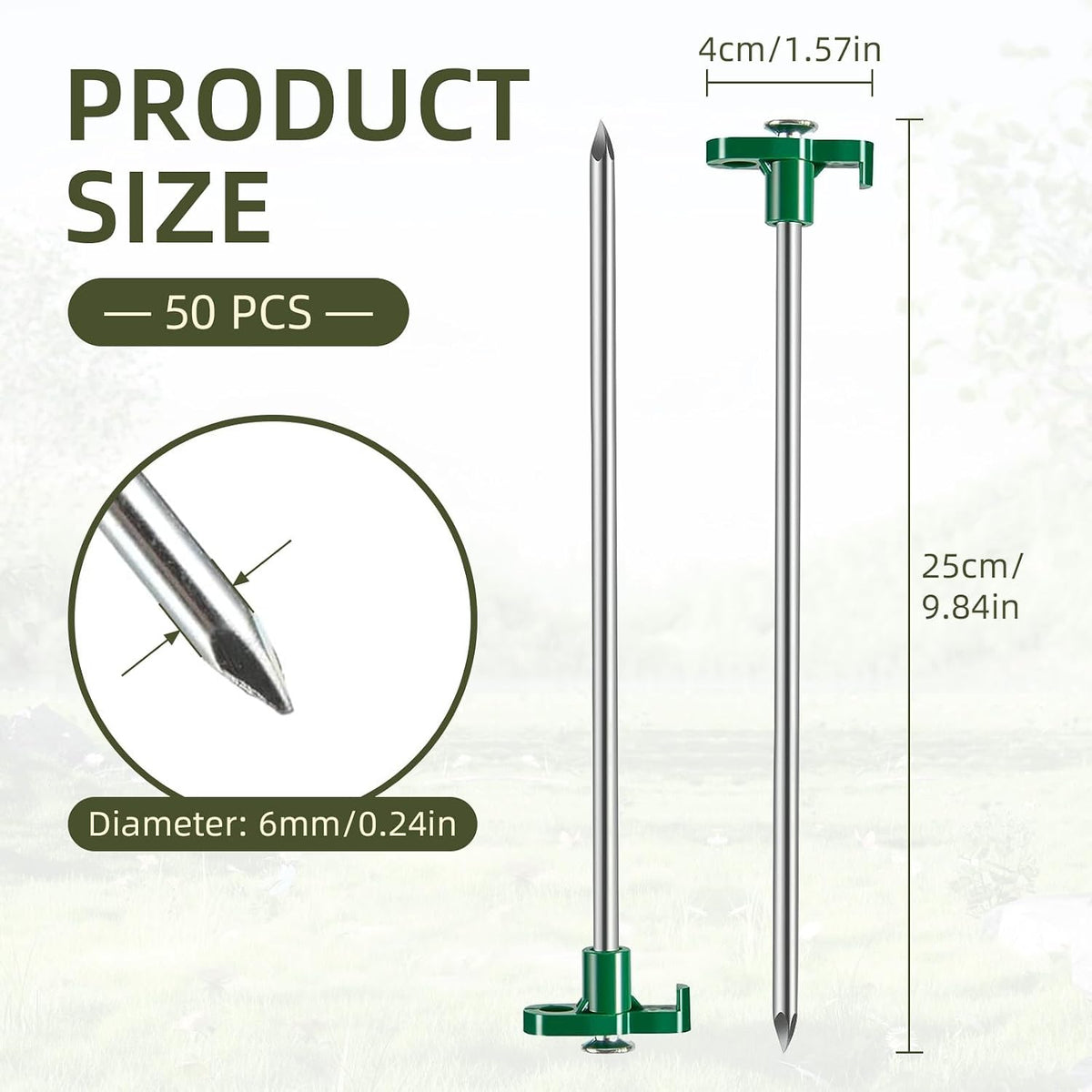 50 Pack Tent Stakes Heavy Duty 10 Inch Camping Stakes Yard Stakes Metal Tent Pegs for Ground Stakes Tent Spikes for Camping Garden Yard (Green)