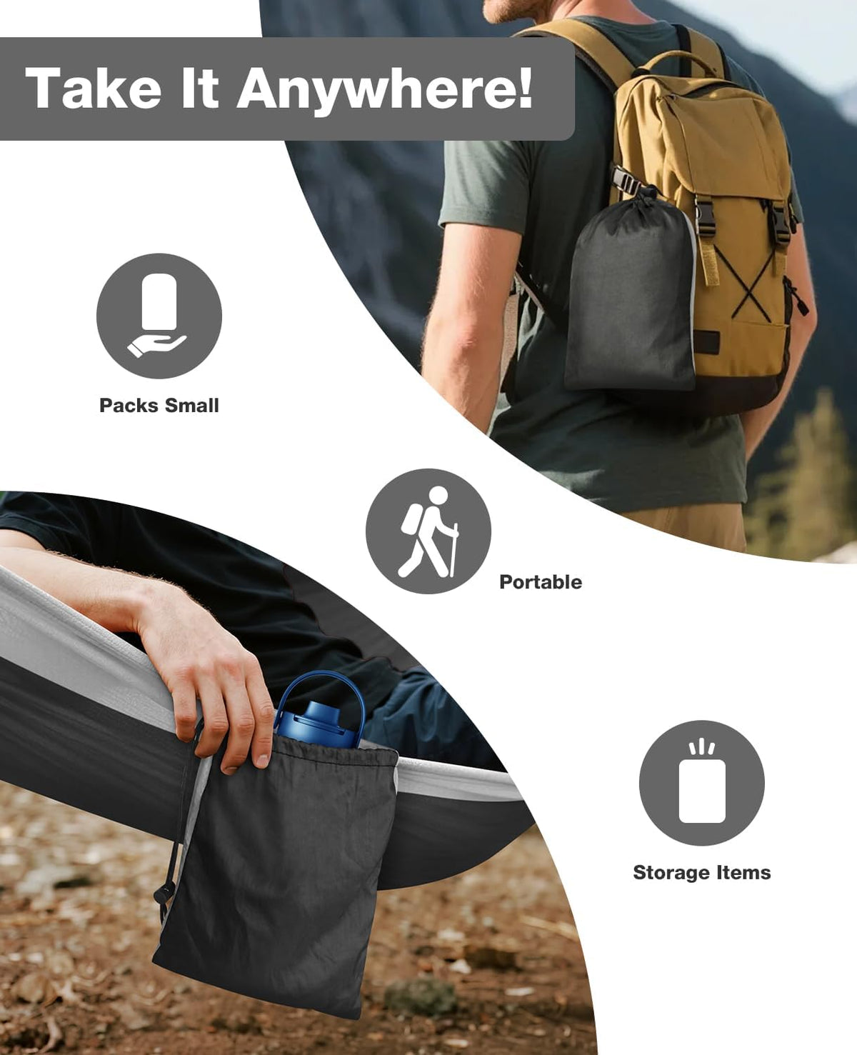MOSFiATA Camping Hammock, Heavy Duty up to 700lbs with 2 Tree Straps and Attached Carry Bag Portable Hammock for Backpacking Hiking Durable Outdoors（Black Grey）