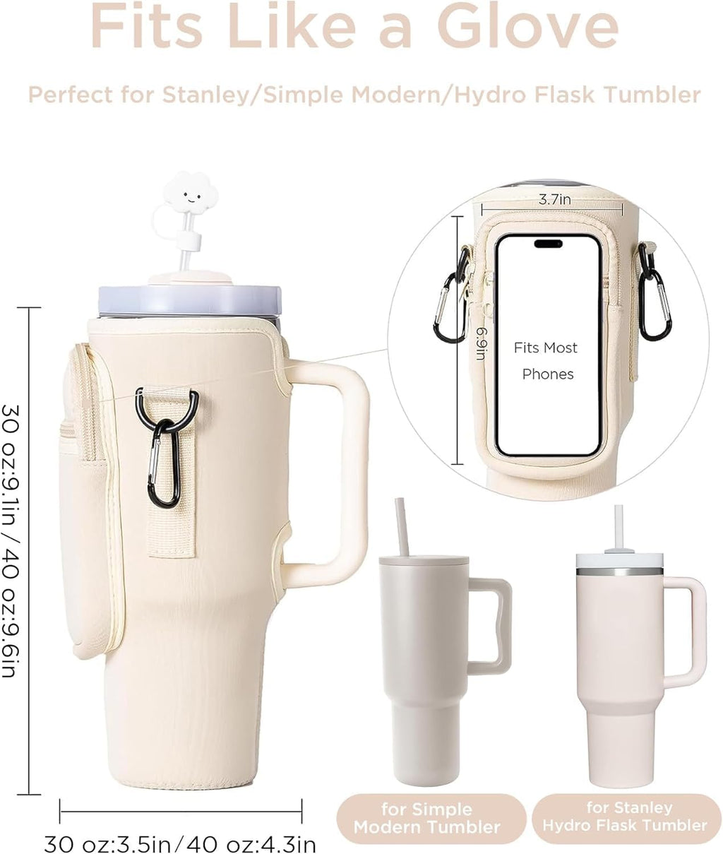 dabria Water Bottle Carrier Bag with Phone Pocket for Stanley 40/30 oz Tumbler Neoprene Water Bottle Holder Pouch with Adjustable Strap Bollus with Straw Cover for Stanley Cup Accessories