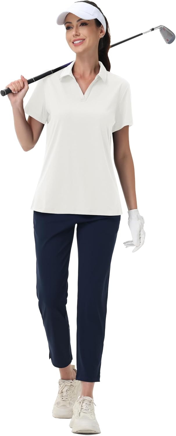 MAGCOMSEN Women's Golf Shirts Short Sleeve Polo Collared Shirt V Neck Quick Dry Sun Protection UPF 50+ Tennis Top