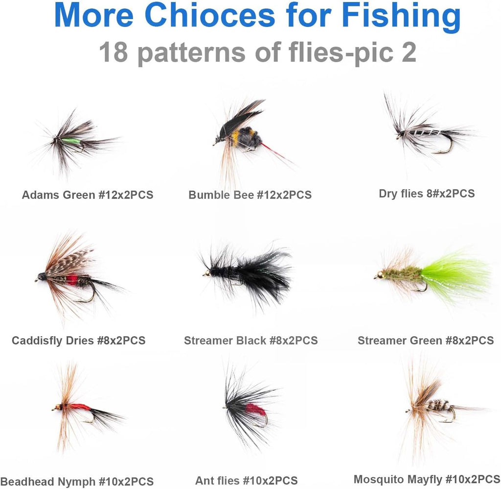 Hand-Tied Fly Fishing Flies Kit, Dry Wet Flies Nymphs Streamers Assortment for Trout & Bass with Waterproof Fly Box