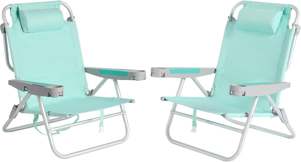 SUNNYFEEL Extra Wide Low Beach Chair 2 Pack 5 Position Lay, XL Oversized Portable Folding Camping Chairs with Cup Holder for Outdoor/Sand, Foldable Backpack Beach Chair for Adults Heavy Duty 500 LBS