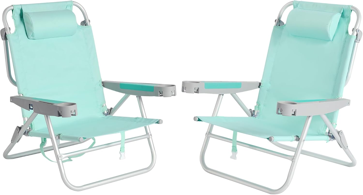 SUNNYFEEL Extra Wide Low Beach Chair 2 Pack 5 Position Lay, XL Oversized Portable Folding Camping Chairs with Cup Holder for Outdoor/Sand, Foldable Backpack Beach Chair for Adults Heavy Duty 500 LBS