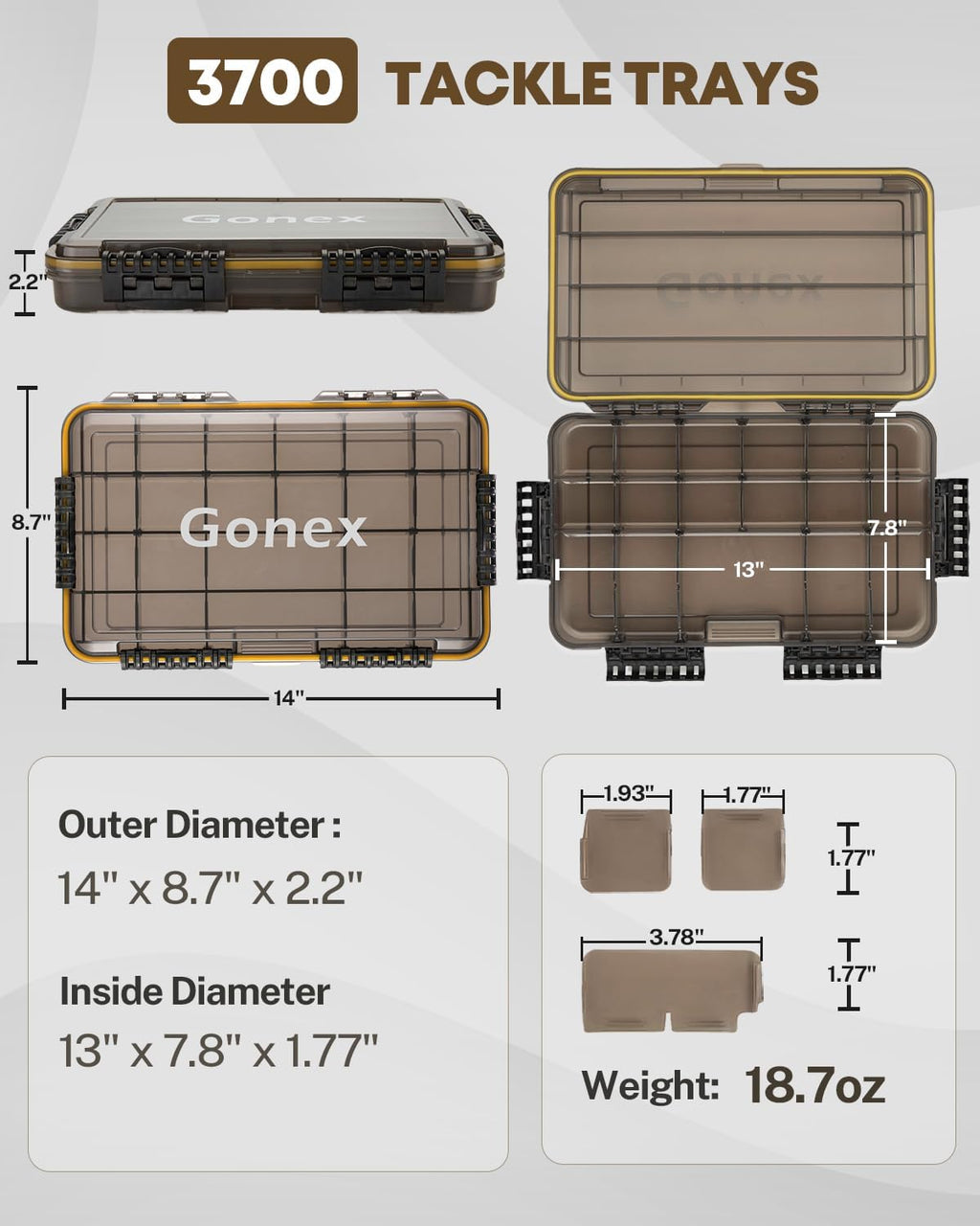 Gonex 3700 Tackle Trays Boxes Waterproof, Removable Dividers, for Fishing