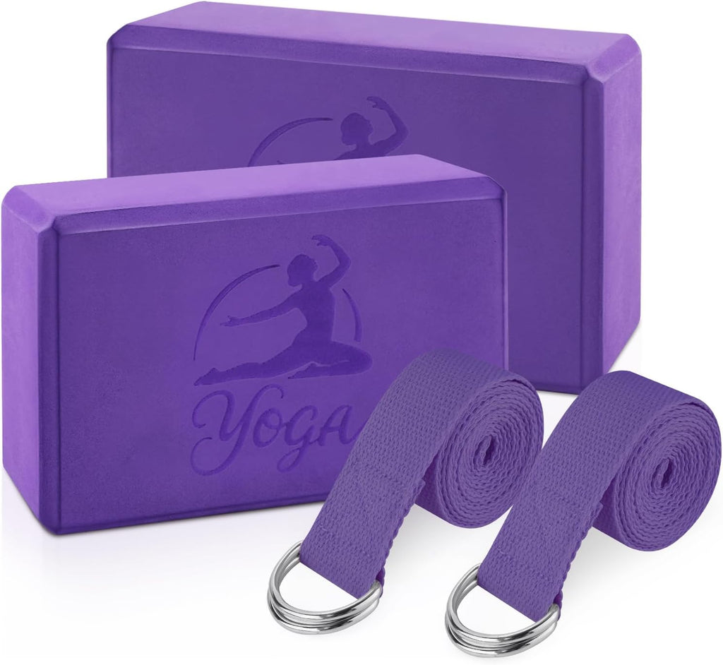 RETON Yoga Blocks Set, High - Density Yoga Block with 2 Strap, Lightweight Foam Brick Yoga Pilates Blocks, Anti-Slip Yoga Brick with Embossed Design for Posture Adjustment and Movement Assistance