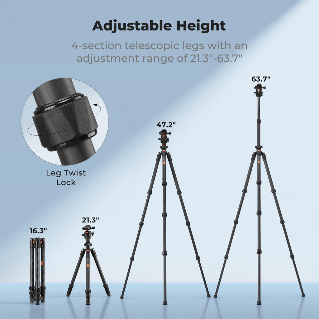 K&F CONCEPT 64" Carbon Fiber Camera Tripod with 1.4" Ball Head