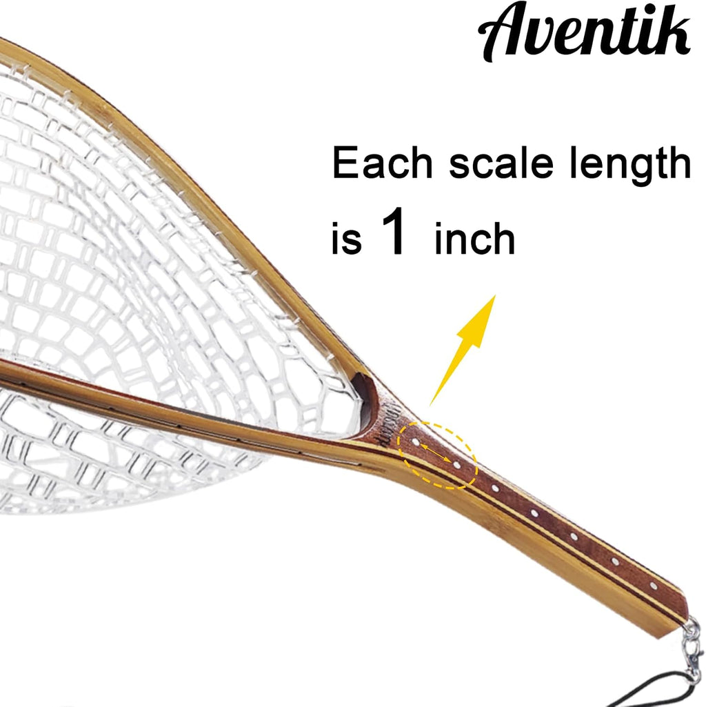 Aventik Fly Fishing Landing Net for Trout Soft Rubber Ghost Mesh Catch and Release Wooden Frame Lightweight and Tangle-Free