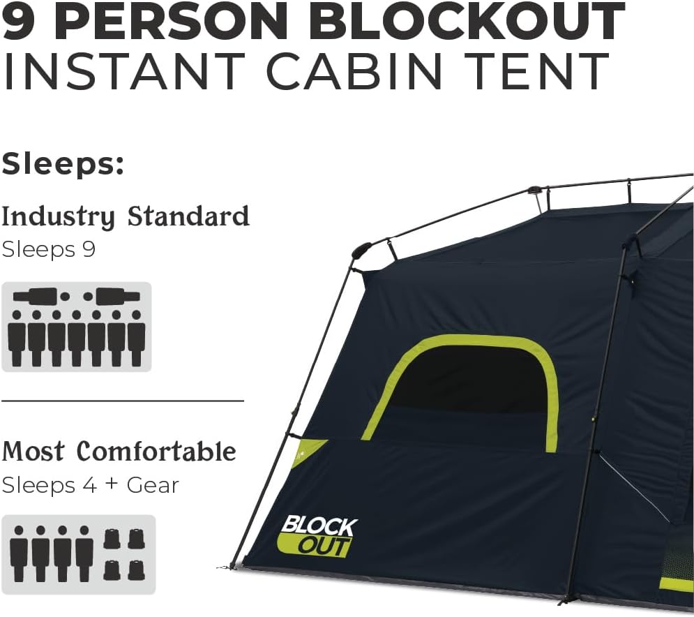 CORE Blackout Instant Cabin Tent | Large Family Pop Up Dark Room Tent with Easy Camp Setup | Included Storage Pockets for Outdoor Camping Accessories