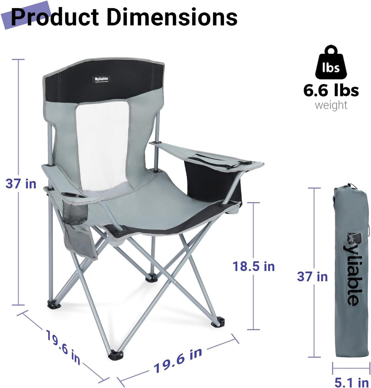 Byliable Folding Camping Chairs, Portable Lightweight Lawn Camp Chair, Gray