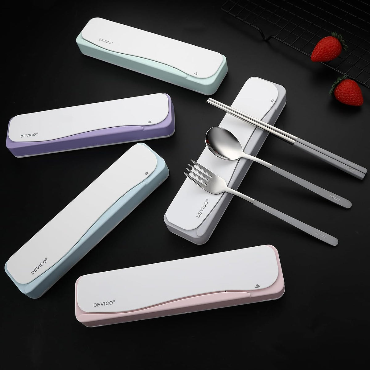 DEVICO Travel Utensils with Case, 4Pcs Portable Silverware Set for Work, 18/8 Stainless Steel Reusable Cutlery, Korean Spoon and Chopsticks Fork for Camping, School, Lunch Box Accessories (Grey)