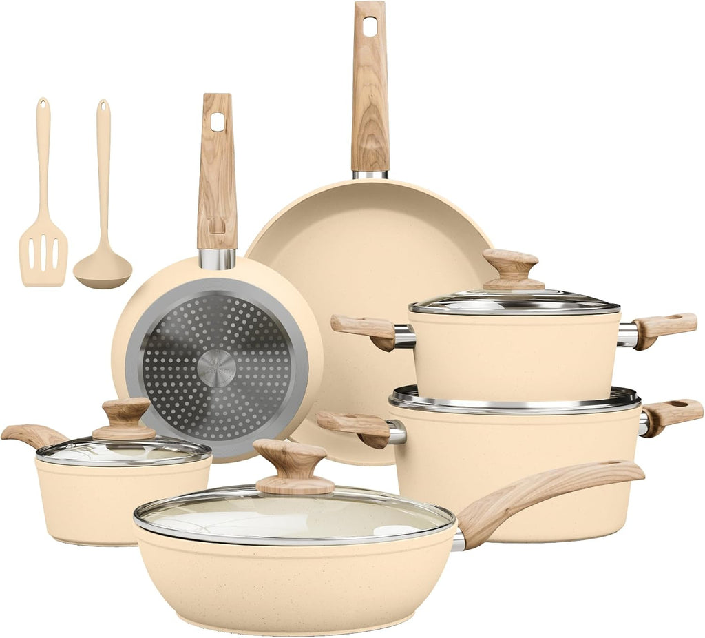 Kitchen Academy Beige Pots and Pans Set Non Stick, 12Pcs Induction Cookware