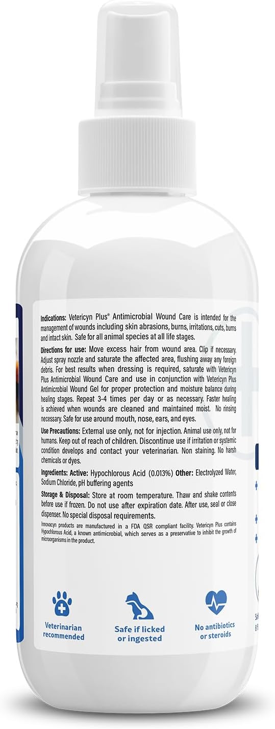 Vetericyn Plus Dog Wound Care Spray | Healing Aid and Skin Repair, Clean Wounds, Relieve Itchy Skin, and Prevent Infection, Safe for All Animals. 8 Ounces