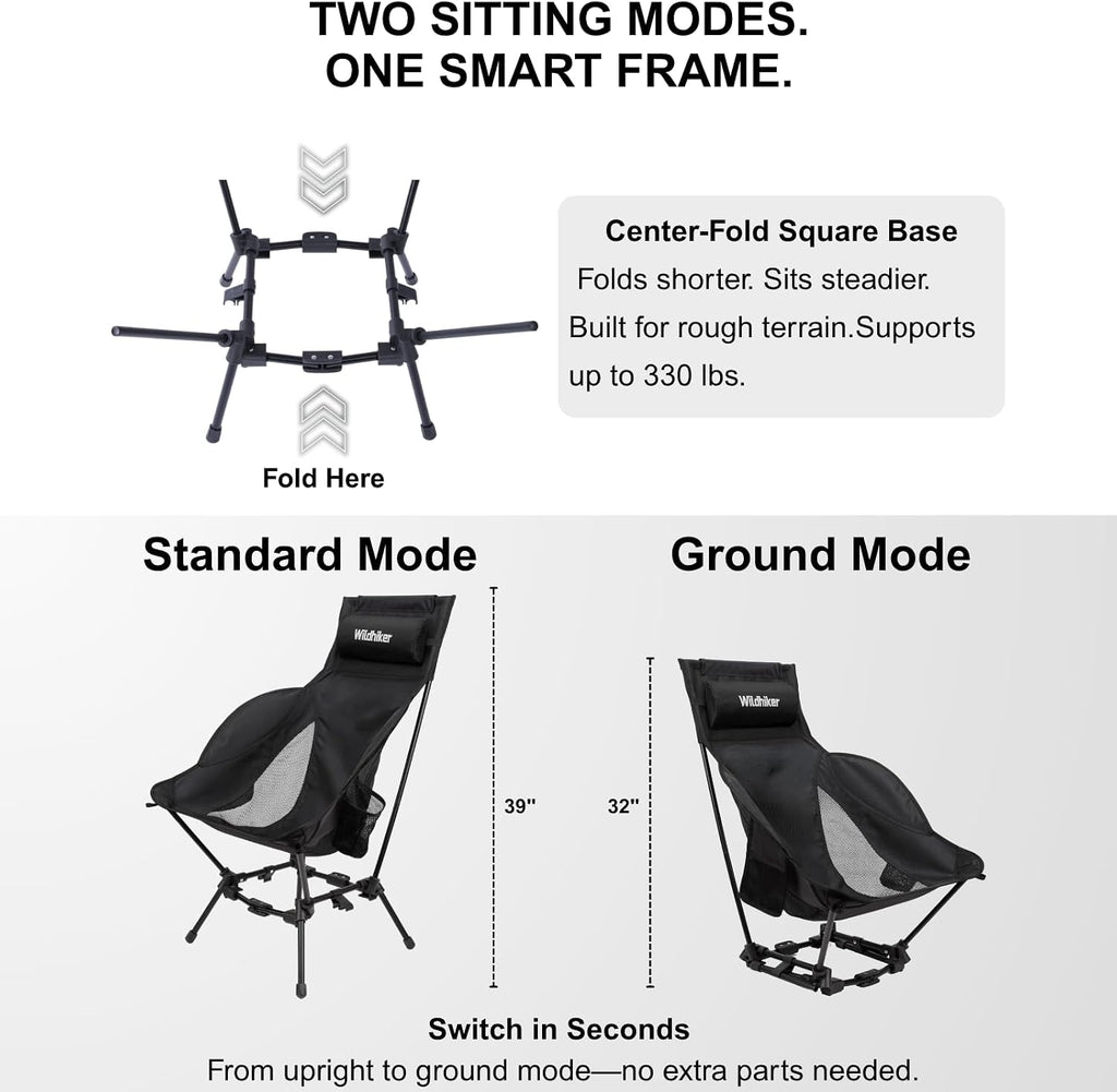 Wildhiker HuggleMode High Back Folding Camping Chair, 2 Seat Heights -Black