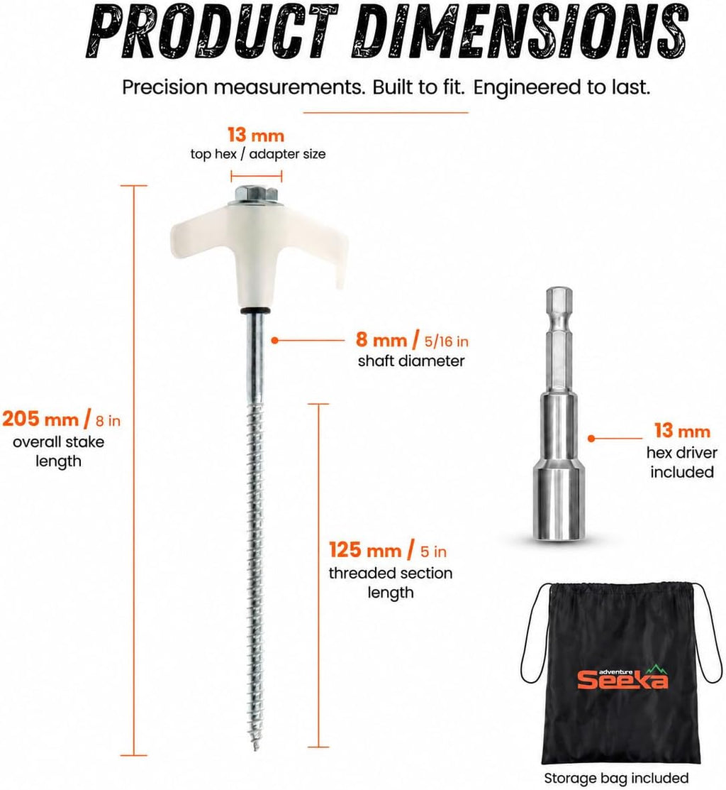 15-Pack 8" Heavy Duty Screw in Tent Stakes, Drill-In Ground Anchor Pegs, Includes Hex Head Driver & Storage Bag