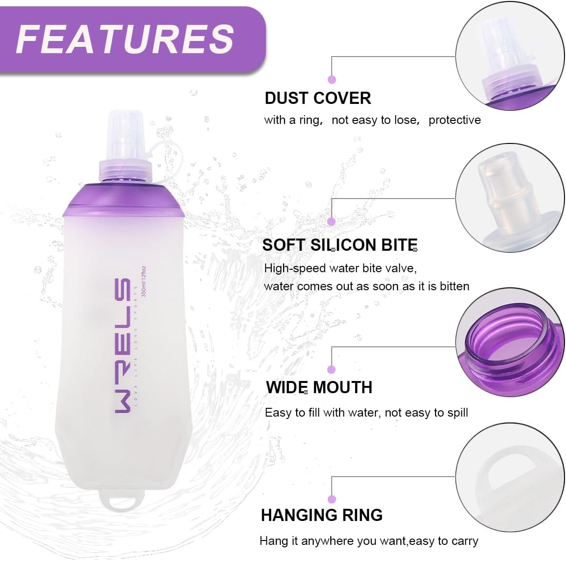 WRELS 200ml/350ml/500ml Collapsible Soft Flask,BPA Free Folding Soft Water Bottle with Hanging Ring,Lightweight TPU Hydration Flask for Running Marathon Cycling Hiking(350ml-2 Packs)