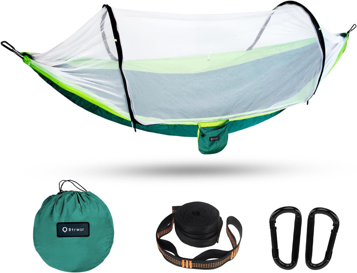 Hammock with Mosquito Net - Lightweight, Portable, 1 Person Hammock - for Camping, Hiking, Backpacking, Travel, a Festival, or The Beach (Dark Green)