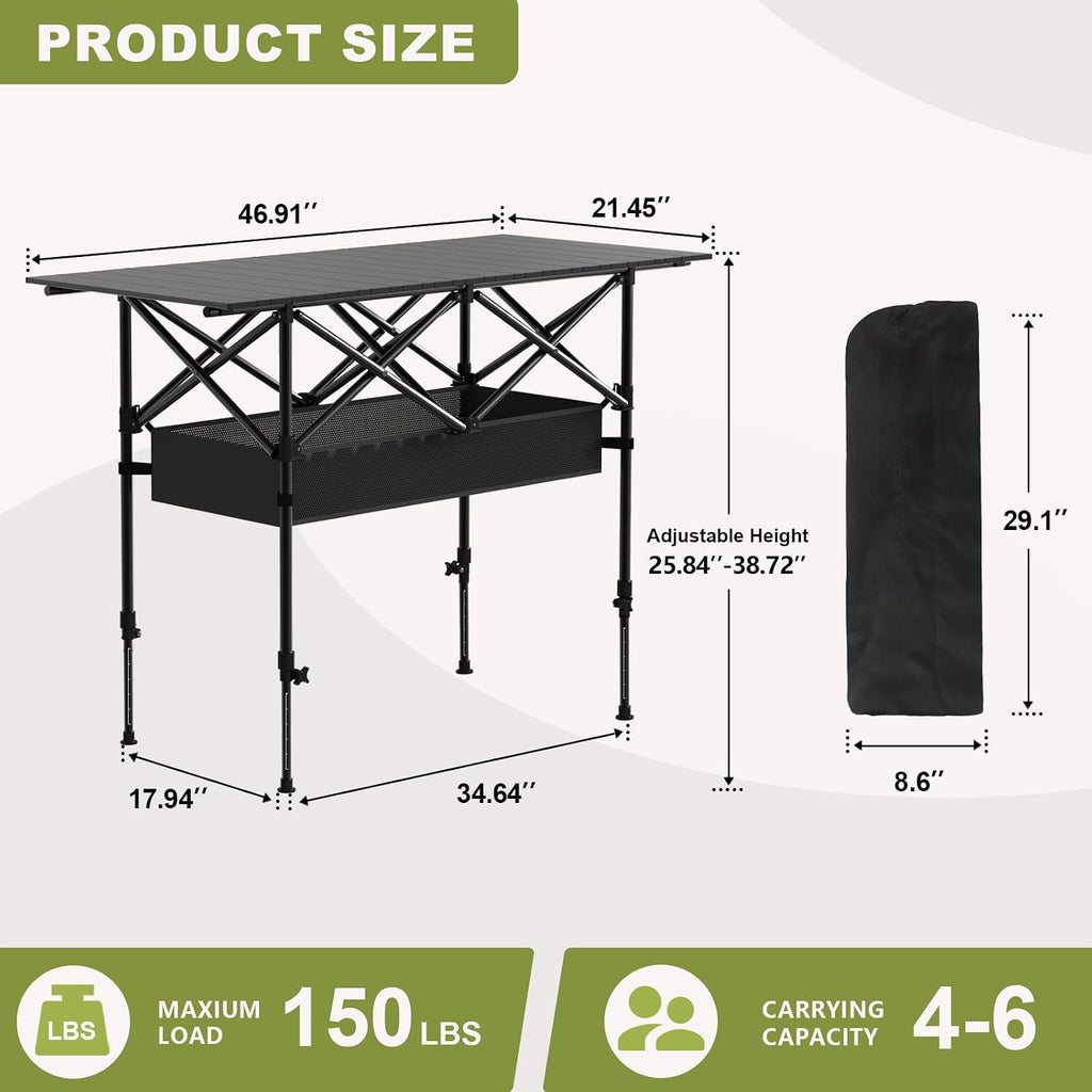 4FT Folding Camping Table,Portable Roll-up Picnic Table with Carry Bag & Mesh Storage,Lightweight Camp Table for Camping,Picnic,Backyard,Party,Patio,BBQ