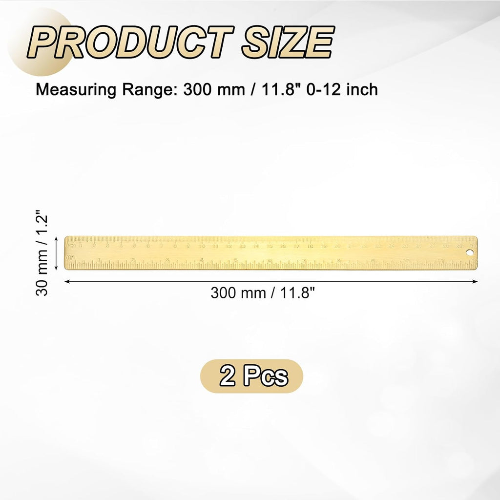 uxcell Metal Straight Ruler 300mm Brass Straight Edge Rule Precision Double Scales Metric Measurement Tool Drawing Measuring Ruler Gold 2 Pcs