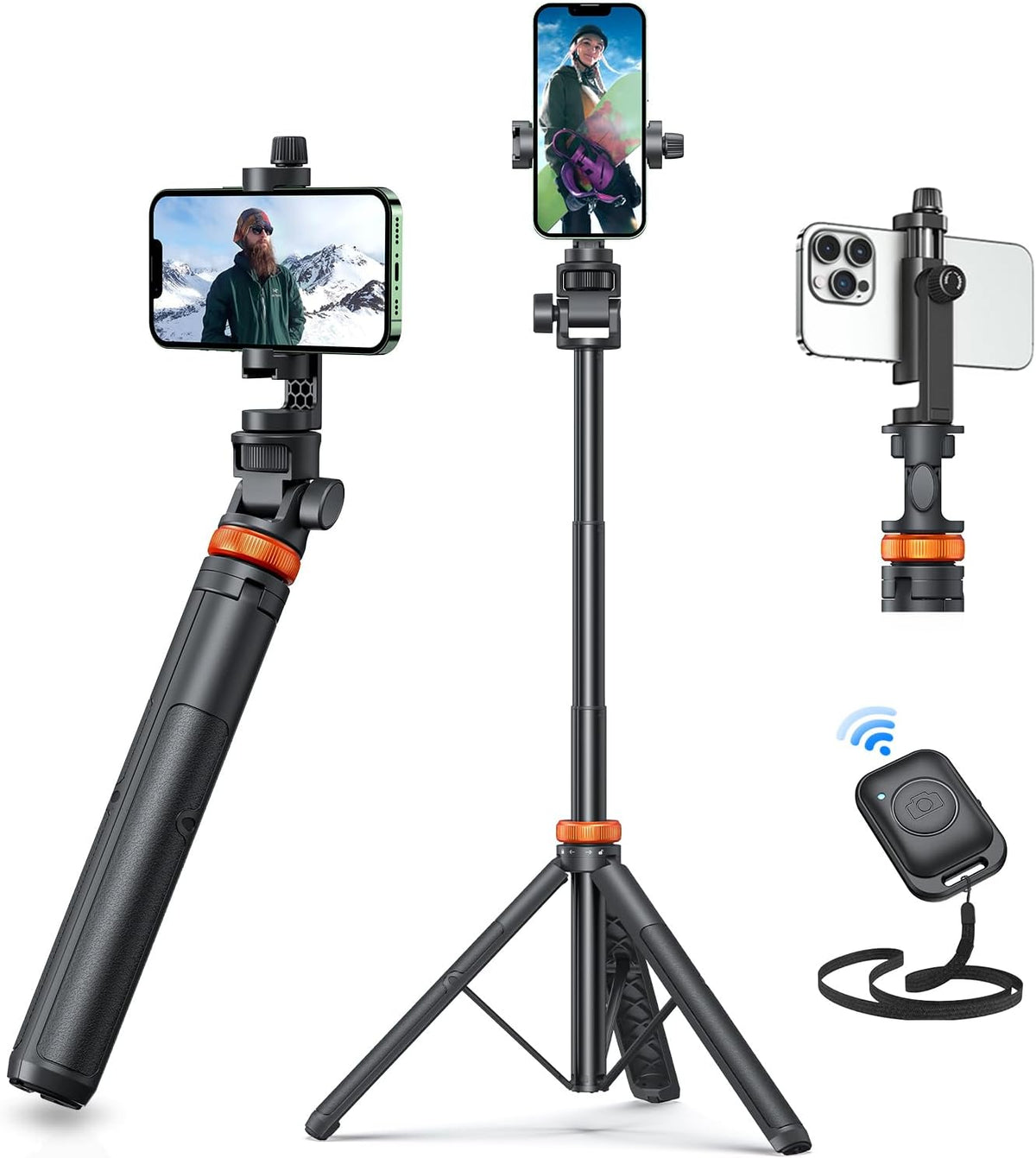 EUCOS 62" Tripod for iPhone, Sturdy Selfie Stick Tripod with Remote & Lightweight Phone Stand, Solidest Portable Cell Phone Tripod, Compatible iPhone Pro Max/Android [White]