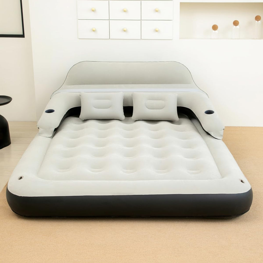 Air Mattress with Headboard and Pillows, Inflatable Blow Up Bed with Flocked Top, Portable Air Bed for Indoor/Outdoor Sleeping Pad for Living Room, Camping, Travel