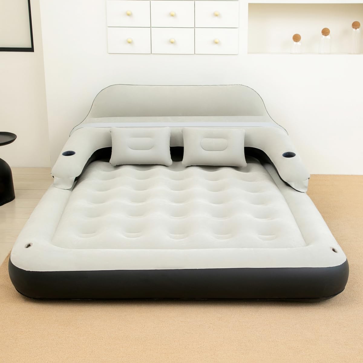 Air Mattress with Headboard and Pillows, Inflatable Blow Up Bed with Flocked Top, Portable Air Bed for Indoor/Outdoor Sleeping Pad for Living Room, Camping, Travel